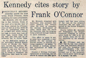 Newsclipping of President Kennedy quoting Frank O”Connor