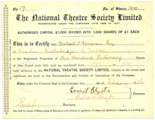 Certificate of O’Connor’s shares from the Abbey Theatre