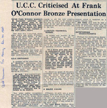 Cork Examiner, 30 Dec. 1966 “UCC Criticised at Frank O’Connor Bronze Presentation”