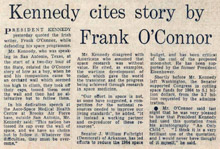 Newsclipping of President Kennedy quoting Frank O’Connor